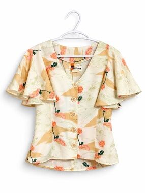 Vintage 70s Cream Button Front Blouse Orange Floral & Flutter Sleeve - Size 6